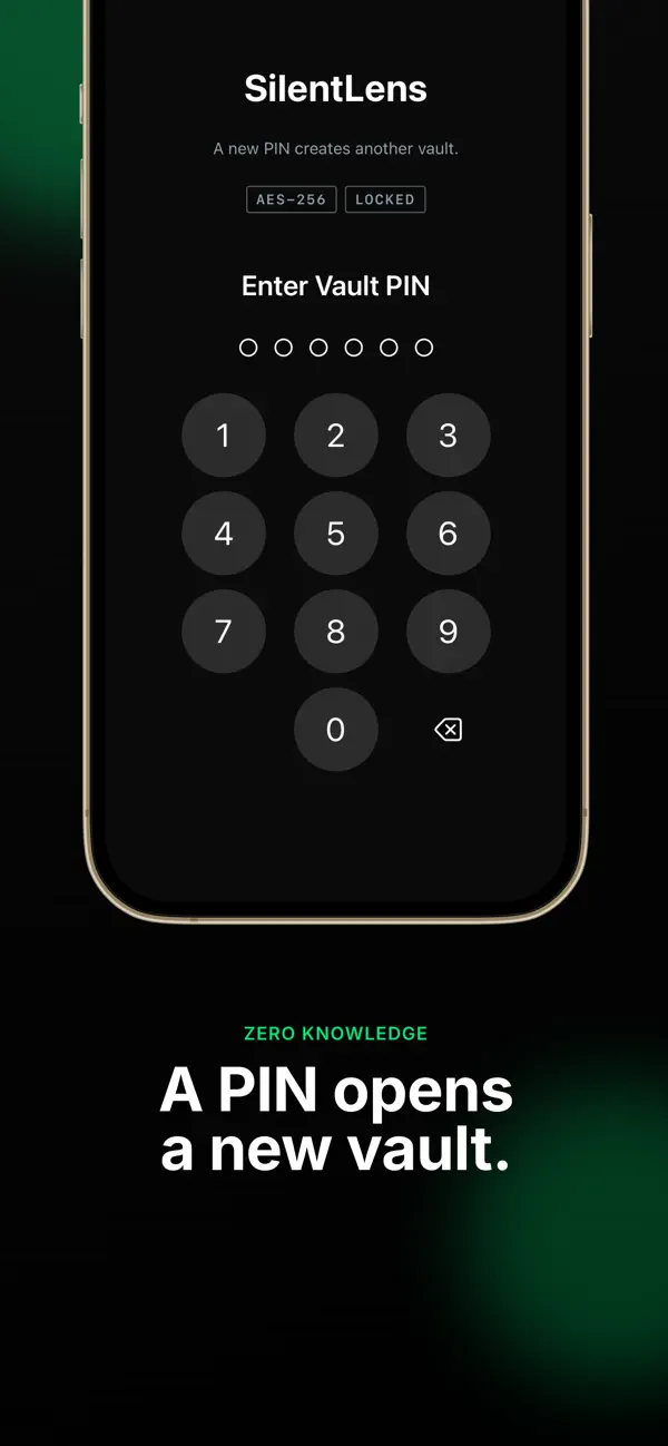 PIN entry screen: a PIN opens a new vault.