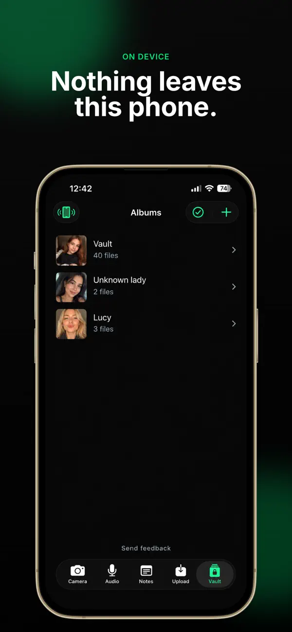 Album list inside a vault: Nothing leaves this phone.
